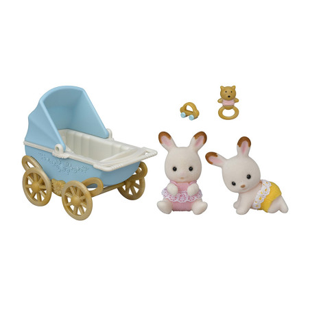 Les jumeaux Lapin Chocolat et la poussette double de Sylvanian Family
