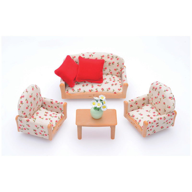 Sylvanian Families – Set Salon Canapé, 2 Fauteuils, Table Basse – 7 Accessoires Dont Pot De Fleurs Et Coussins – Dès 3 Ans